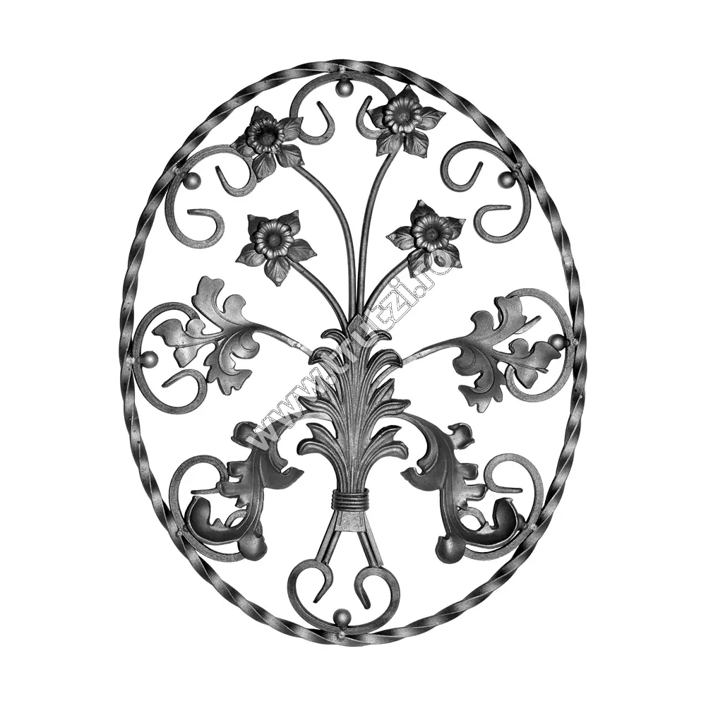Imagine panou forjat "buchet" incadrat in oval sect. 12x12mm rasucit, h 665mm, l 525mm